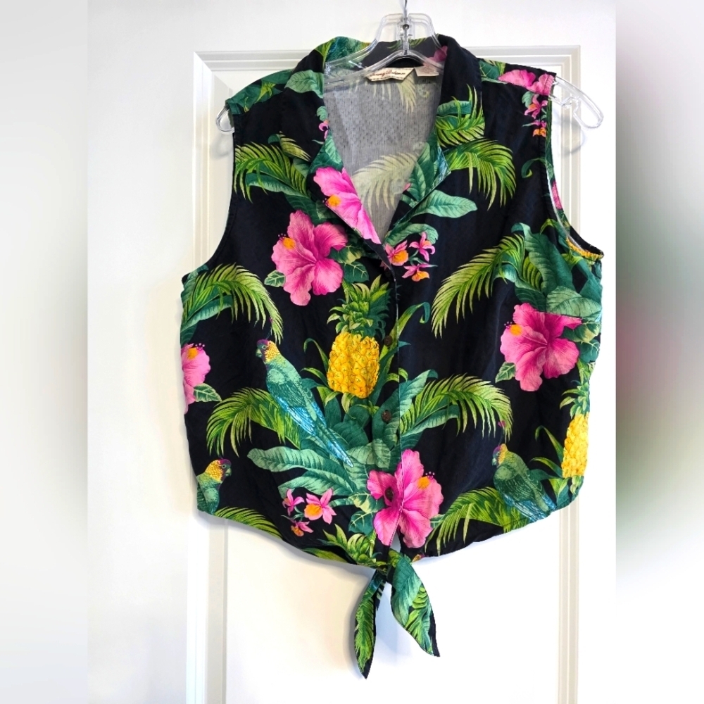 Tommy Bahama Black Floral Sleeveless Button Down Shirt Size 16